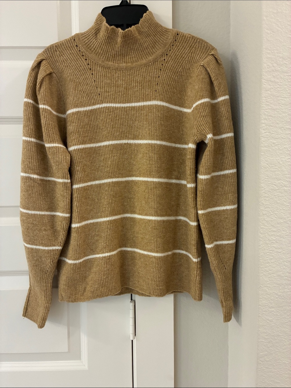 CeCe Camel and White Striped Sweater